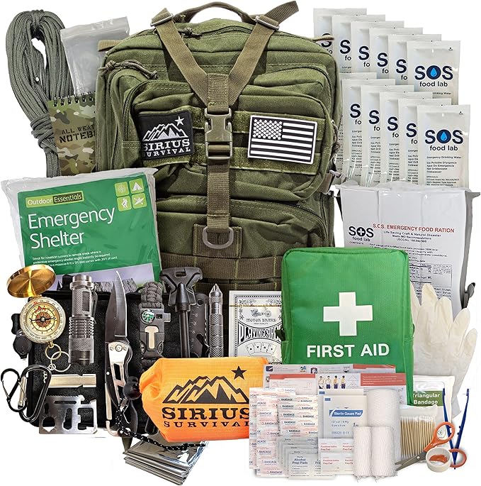 Sirius: Bug Out Bag Starter Kit - 72 Hour Kit for 1 Person – Backpack Survival Kit – 50L Tactical Backpack, US Made Food & Water, Medical Supplies & Survival Tools