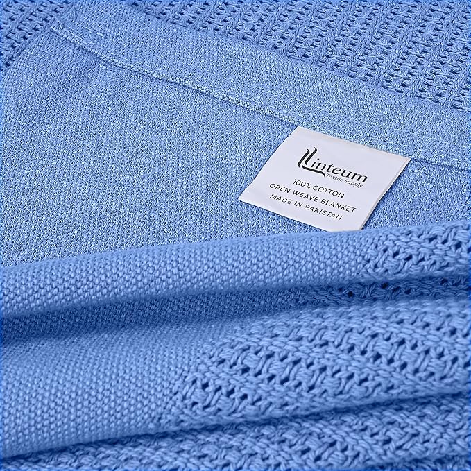 Linteum Textile Supply Blue Hospital Thermal Blanket 66x90 Inch 100% Cotton, Soft and Cozy, Breathable, Open-Cell Weave Design, All Season Twin Hospital Blanket (2-Pack)