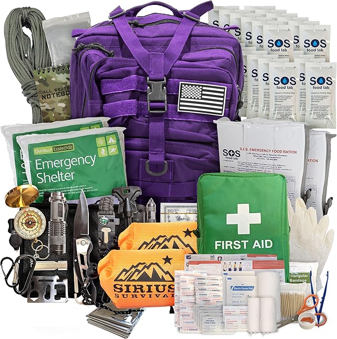 Sirius: Bug Out Bag Starter Kit - 72 Hour Kit for 1 Person – Backpack Survival Kit – 50L Tactical Backpack, US Made Food & Water, Medical Supplies & Survival Tools