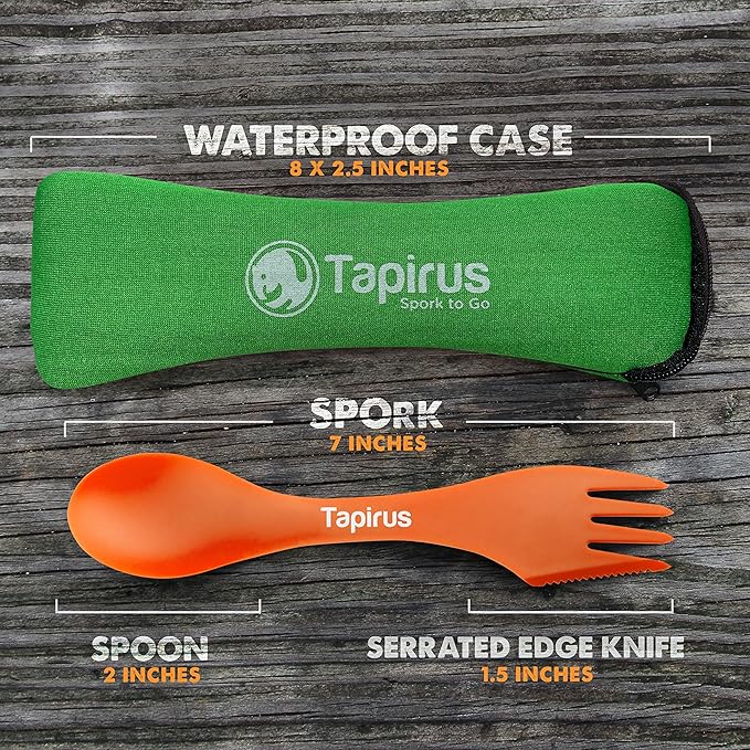 Tapirus - 4 Spork to Go Set - 7-inch Durable & BPA Free Sporks - Spoon, Fork and Knife Combo Utensils Flatware - Mess Kit for Camping, Hunting and Outdoor Activities - Comes in a Carrying Case