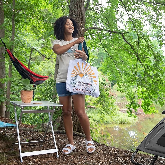Camco Large Aluminum Side Table - Features Easy Setup & Supports Up to 110lbs - 19.5 L x 20” W x 24.25” H - Great for Camping, RVing & More - Folds to 2” (W) for RV Storage and Organization (51891)