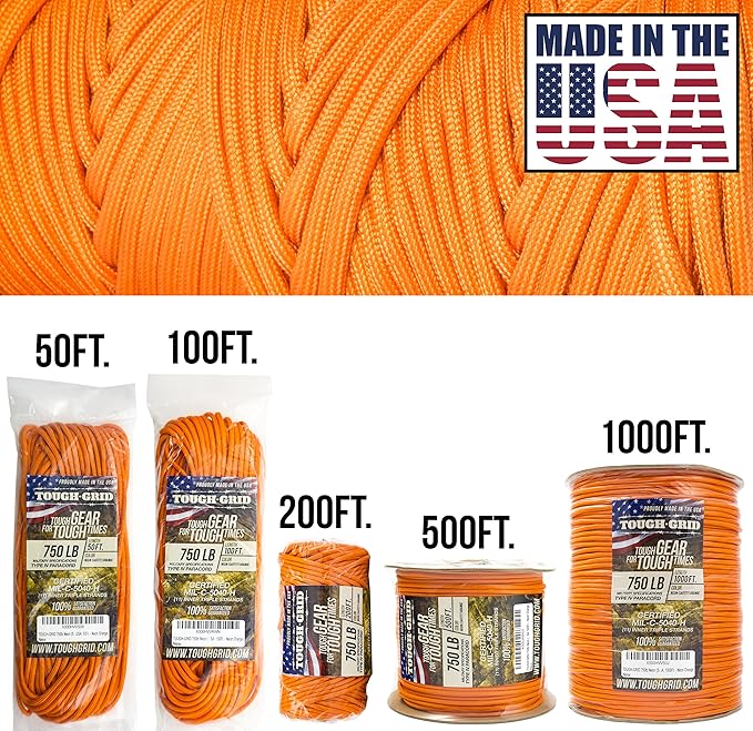 TOUGH-GRID 750 Paracord Military Grade Nylon Rope - Type IV Mil-Spec Made in USA - Tactical Survival Cord