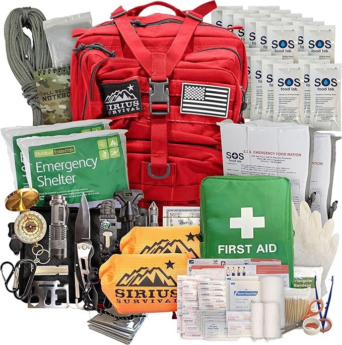 Sirius: Bug Out Bag Starter Kit - 72 Hour Kit for 1 Person – Backpack Survival Kit – 50L Tactical Backpack, US Made Food & Water, Medical Supplies & Survival Tools