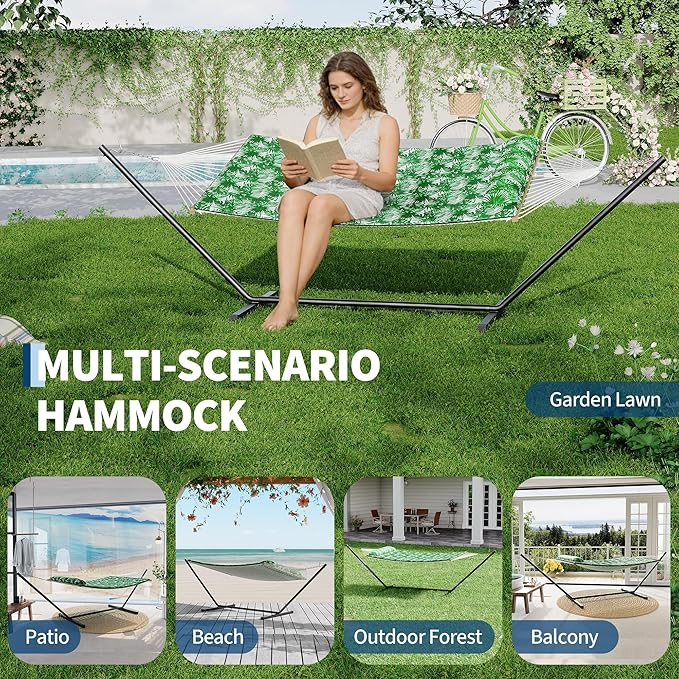 Heavy Duty 2 Person Double Hammock with Portable Adjustable Steel Stand, Outdoor Hammock with Pillow for Patio, Garden, Beach, Backyard Camping
