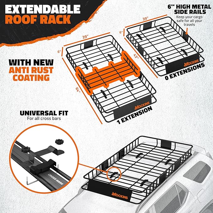 Mockins 64"x39"x6" Steel Roof Rack Cargo Carrier for Top of Vehicle & 20 CuFt Waterproof Rooftop Cargo Bag | 250 Lbs. Capacity Extendable Car Rooftop Cargo Carrier with Car Top Carrier Accessories