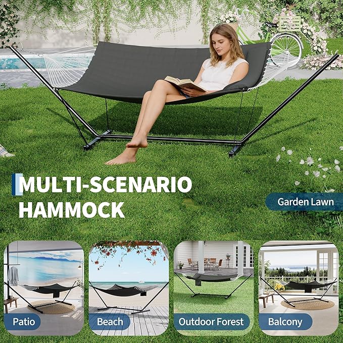 Garvee﻿ 2 Person Hammock with Stand for Outside, Double Hammock with Stand and Pillow, Max 450 Lbs Capacity with Balance Rope, Large Hammock for Outdoor Patio Backyard Poolside