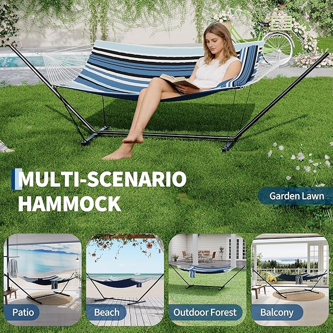 Garvee﻿ 2 Person Hammock with Stand for Outside, Double Hammock with Stand and Pillow, Max 450 Lbs Capacity with Balance Rope, Large Hammock for Outdoor Patio Backyard Poolside
